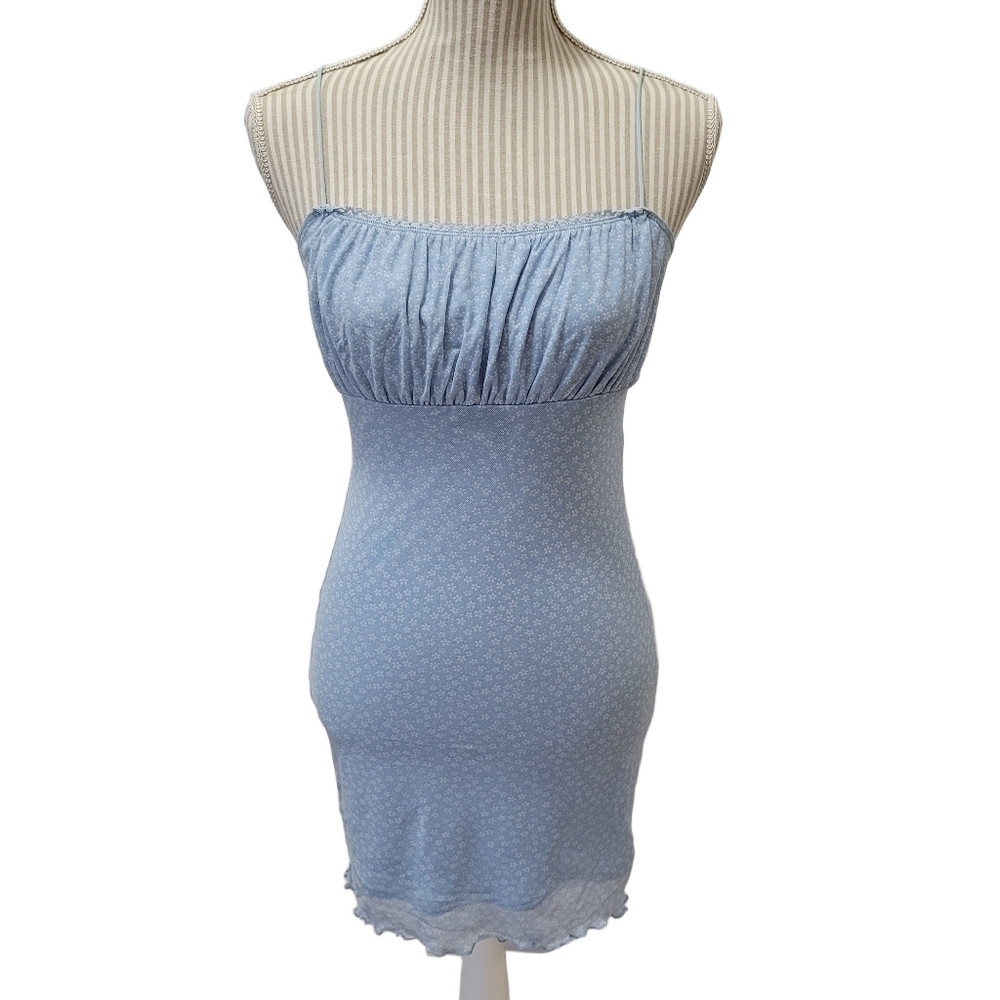 Floral Bodycon Mini Dress Blue Mesh Lace Y2K Medium - Picture 2 of 15